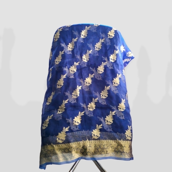 Dupatta Royal Light Blue Floral Silk Scarf 76'' L x 41'' W India Fancy Chiffon - Picture 7 of 10